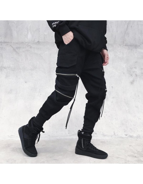 Men Fashion Casual Hiphop Zipper Jogger Cargo Pants