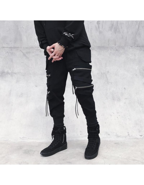 Men Fashion Casual Hiphop Zipper Jogger Cargo Pants