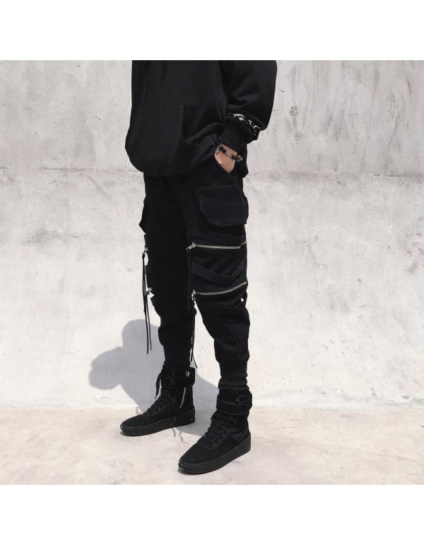 Men Fashion Casual Hiphop Zipper Jogger Cargo Pants