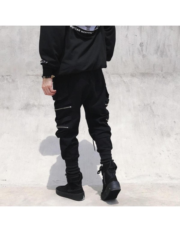 Men Fashion Casual Hiphop Zipper Jogger Cargo Pants