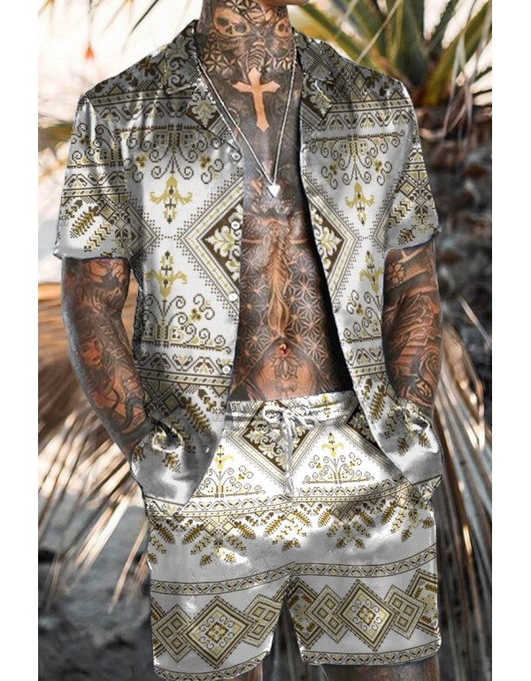 Men Fashion Casual Vacation 3D Floral Print Plus Size Short Sleeve Lapel Shirt Shorts Set