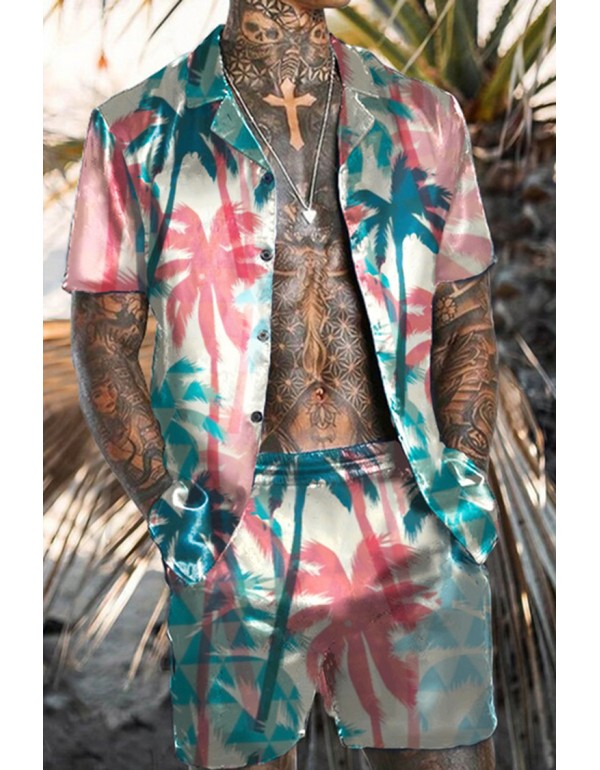 Men Fashion Casual Vacation 3D Floral Print Plus Size Short Sleeve Lapel Shirt Shorts Set