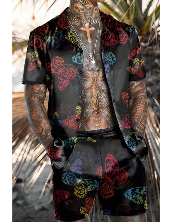 Men Fashion Casual Vacation 3D Floral Print Plus Size Short Sleeve Lapel Shirt Shorts Set