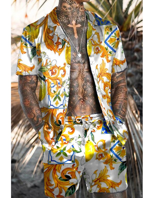 Men Fashion Casual Vacation 3D Floral Print Plus Size Short Sleeve Lapel Shirt Shorts Set