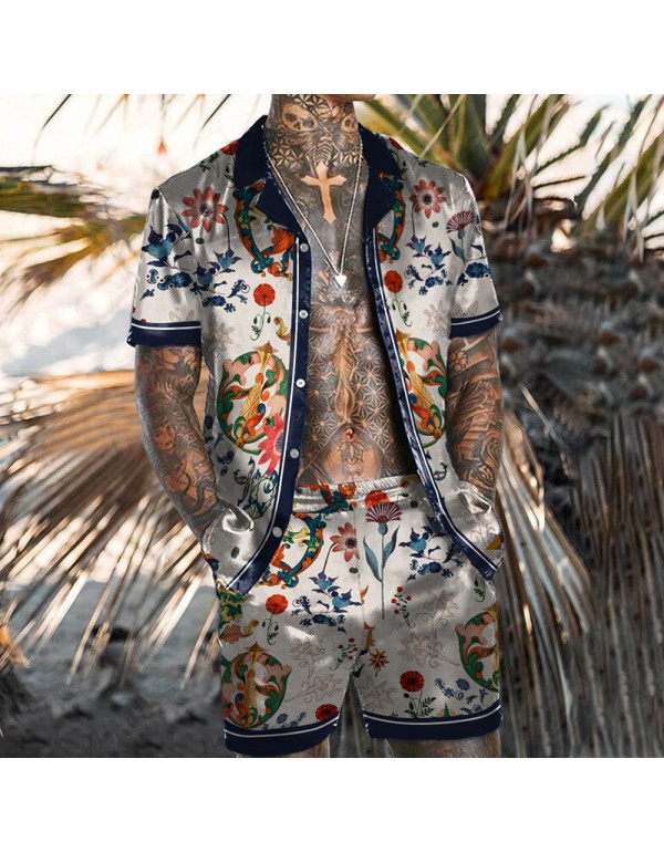 Men Fashion Casual Vacation 3D Floral Print Plus Size Short Sleeve Lapel Shirt Shorts Set