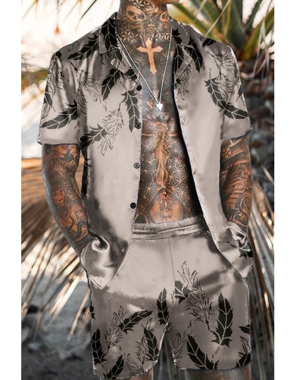 Men Fashion Casual Vacation 3D Floral Print Plus Size Short Sleeve Lapel Shirt Shorts Set