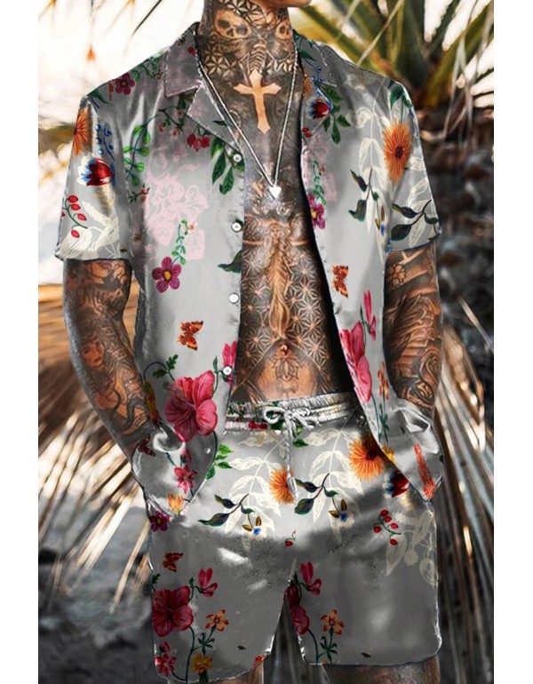 Men Fashion Casual Vacation 3D Floral Print Plus Size Short Sleeve Lapel Shirt Shorts Set