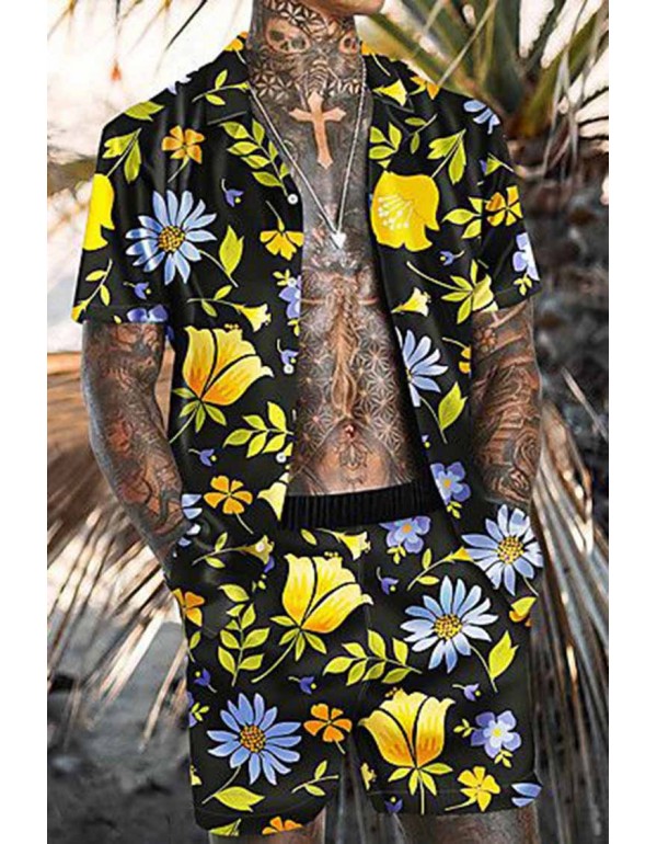 Men Fashion Casual Vacation 3D Floral Print Plus Size Short Sleeve Lapel Shirt Shorts Set