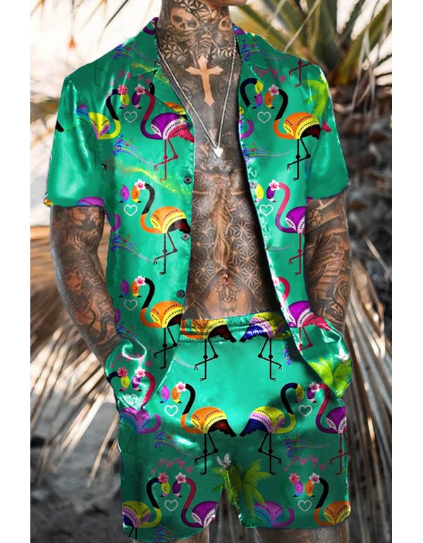 Men Fashion Casual Vacation 3D Floral Print Plus Size Short Sleeve Lapel Shirt Shorts Set