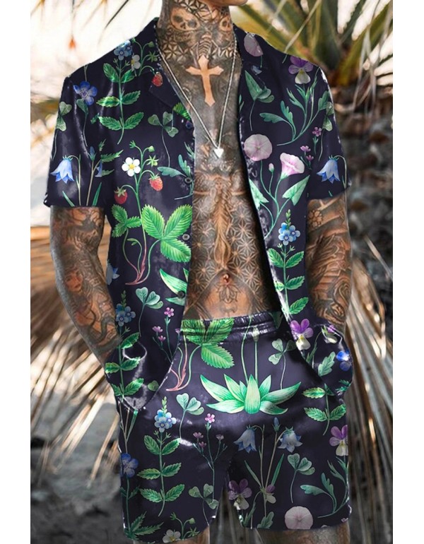 Men Fashion Casual Vacation 3D Floral Print Plus Size Short Sleeve Lapel Shirt Shorts Set