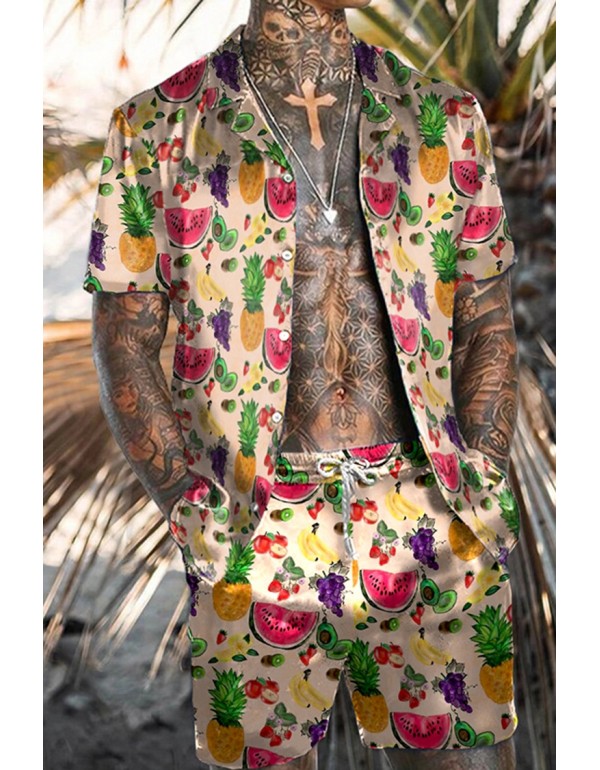 Men Fashion Casual Vacation 3D Floral Print Plus Size Short Sleeve Lapel Shirt Shorts Set