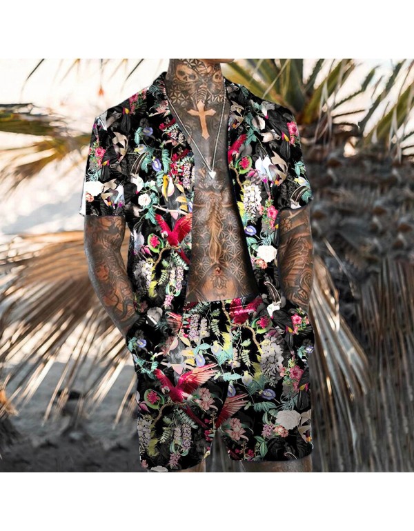 Men Fashion Casual Vacation 3D Floral Print Plus Size Short Sleeve Lapel Shirt Shorts Set