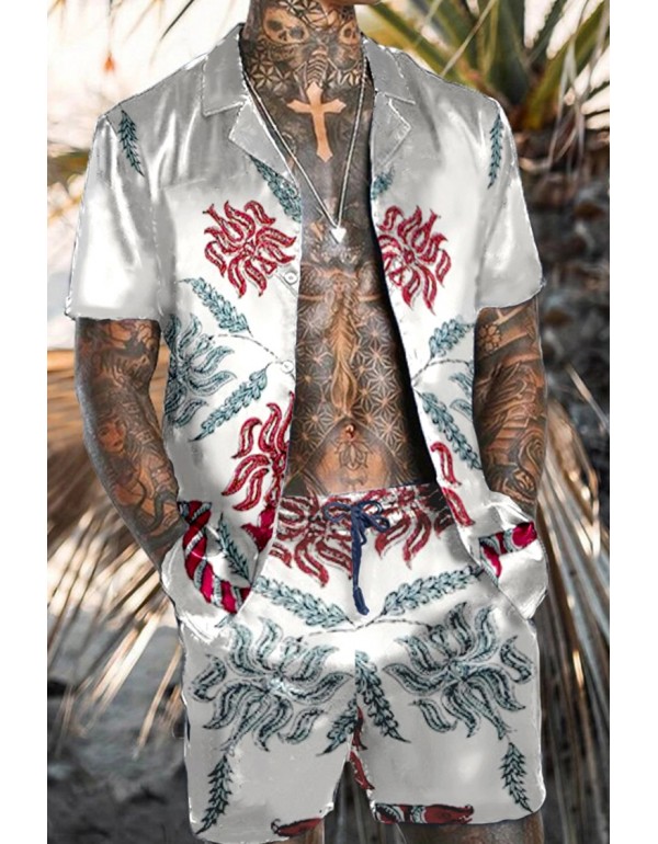 Men Fashion Casual Vacation 3D Floral Print Plus Size Short Sleeve Lapel Shirt Shorts Set