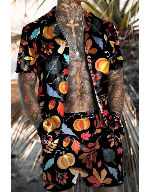 Men Fashion Casual Vacation 3D Floral Print Plus Size Short Sleeve Lapel Shirt Shorts Set