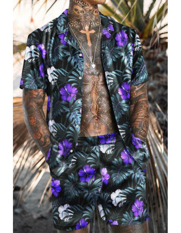 Men Fashion Casual Vacation 3D Floral Print Plus Size Short Sleeve Lapel Shirt Shorts Set