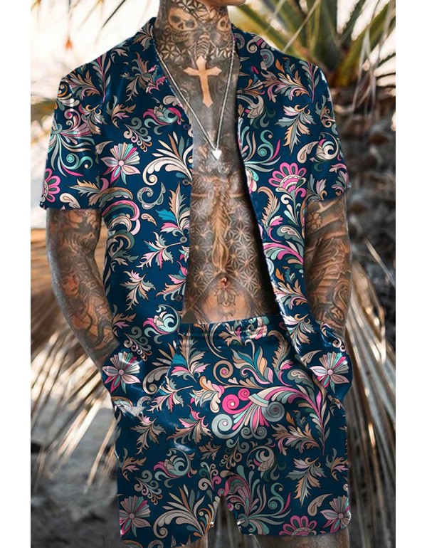 Men Fashion Casual Vacation 3D Floral Print Plus Size Short Sleeve Lapel Shirt Shorts Set