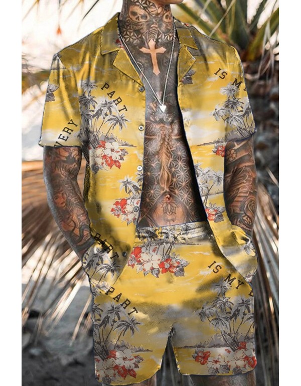 Men Fashion Casual Vacation 3D Floral Print Plus Size Short Sleeve Lapel Shirt Shorts Set