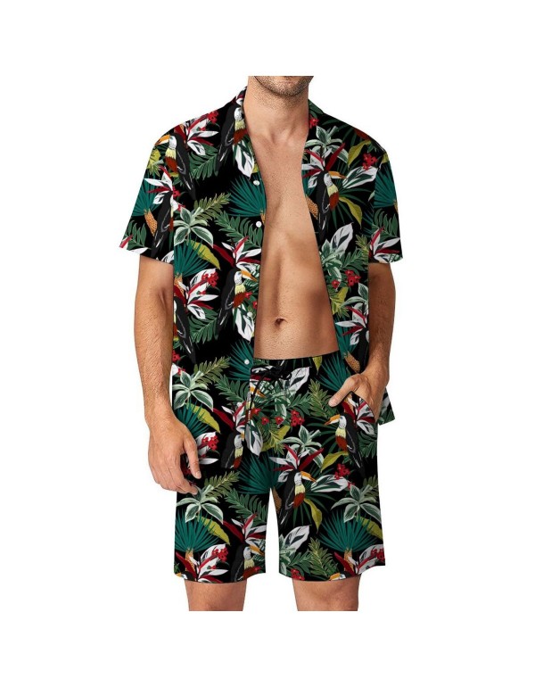 Men Fashion Casual Vacation 3D Print Short Sleeve Lapel Shirt Shorts Set