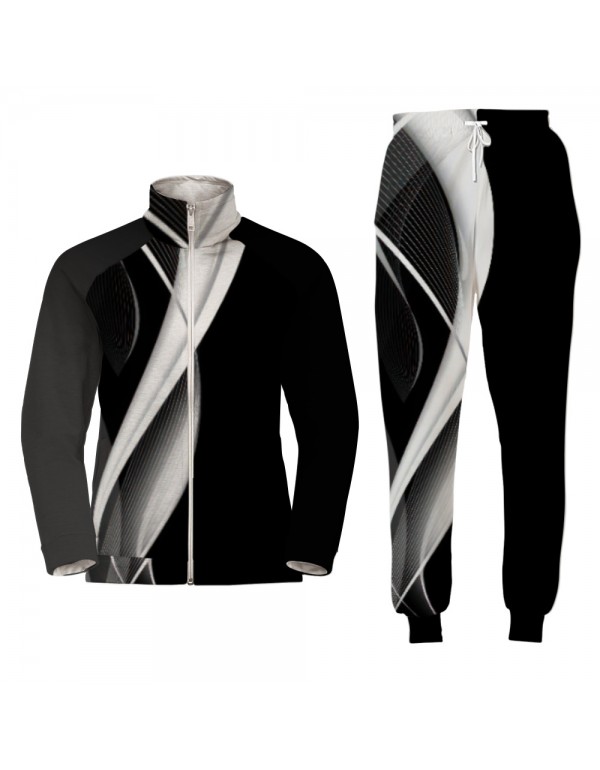 Men Fashion Casual 3D Print Long Sleeve Stand Collar Jacket Trousers Set