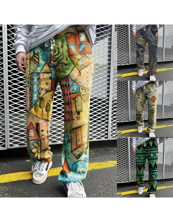 Men Fashion Casual Ethnic Style 3D Print Straight ...