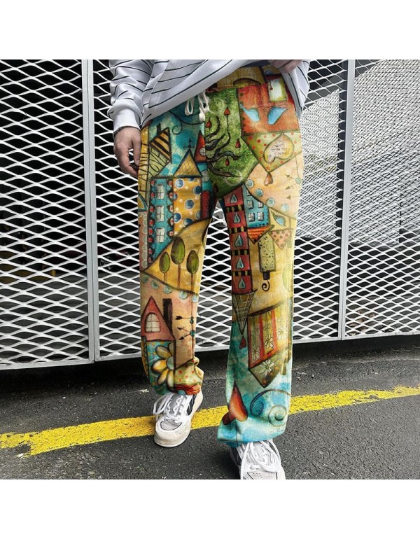 Men Fashion Casual Ethnic Style 3D Print Straight Pants