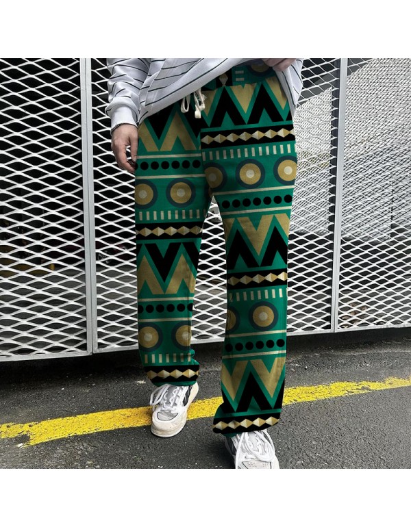 Men Fashion Casual Ethnic Style 3D Print Straight Pants