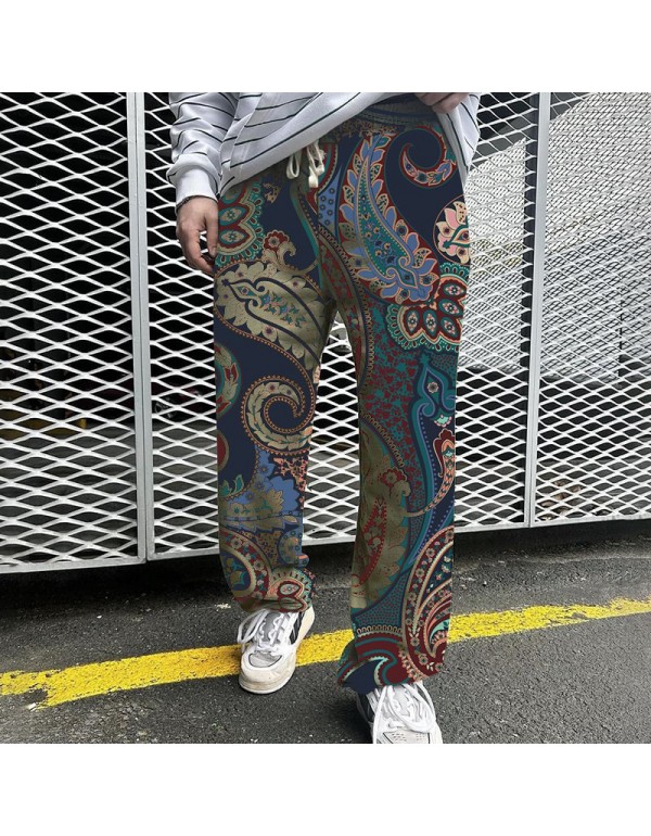 Men Fashion Casual Ethnic Style 3D Print Straight Pants