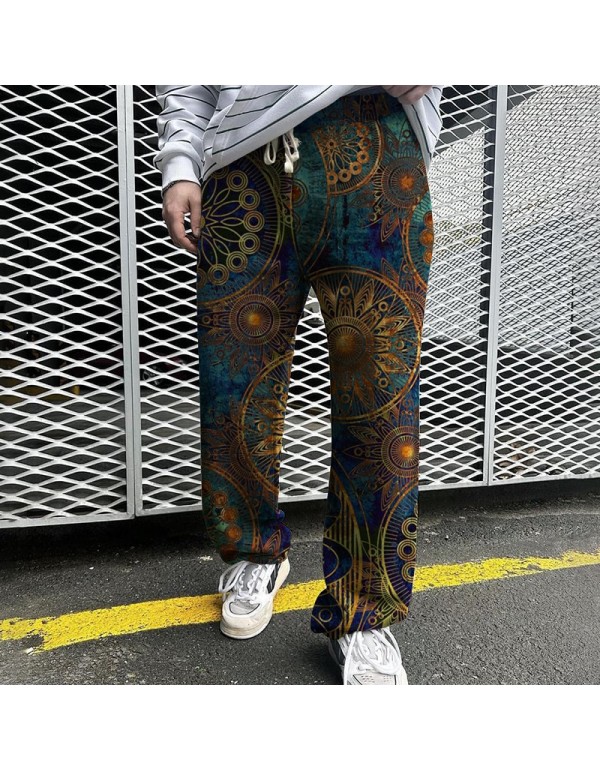 Men Fashion Casual Ethnic Style 3D Print Straight Pants