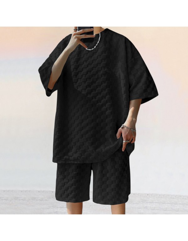 Men Fashion Casual Sport Plaid Loose Short Sleeve Round Neck T-Shirt Shorts Set