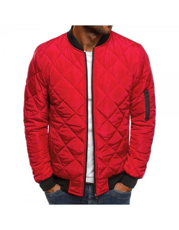 Men Fashion Simple Solid Color Rhombic Long Sleeve Cotton-Padded Coat Baseball Jacket