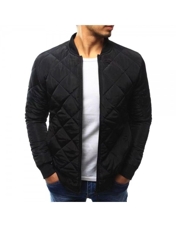 Men Fashion Simple Solid Color Rhombic Long Sleeve Cotton-Padded Coat Baseball Jacket