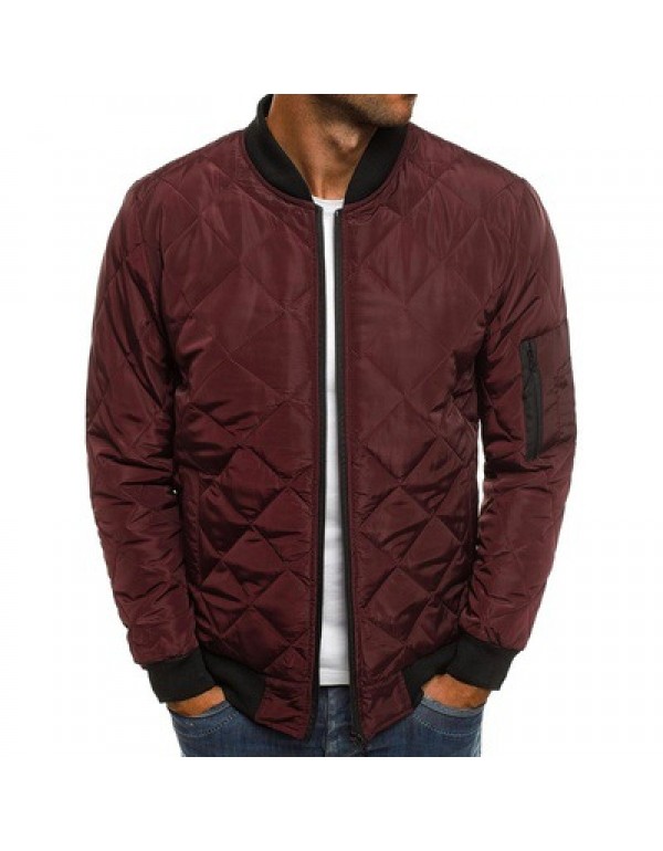 Men Fashion Simple Solid Color Rhombic Long Sleeve Cotton-Padded Coat Baseball Jacket