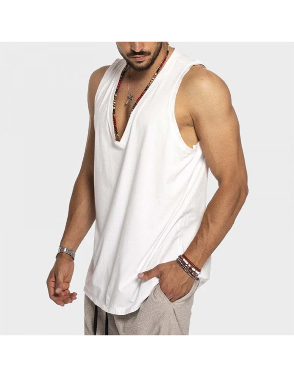 Men Summer Cotton Solid Color Sleeveless Casual Sports Loose Tank Top