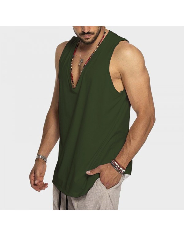 Men Summer Cotton Solid Color Sleeveless Casual Sports Loose Tank Top