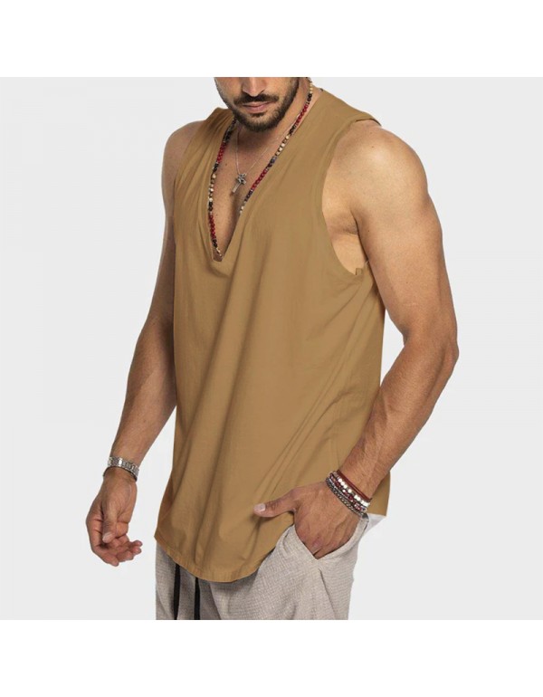 Men Summer Cotton Solid Color Sleeveless Casual Sports Loose Tank Top