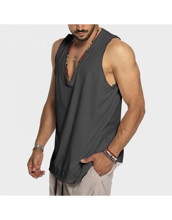 Men Summer Cotton Solid Color Sleeveless Casual Sports Loose Tank Top