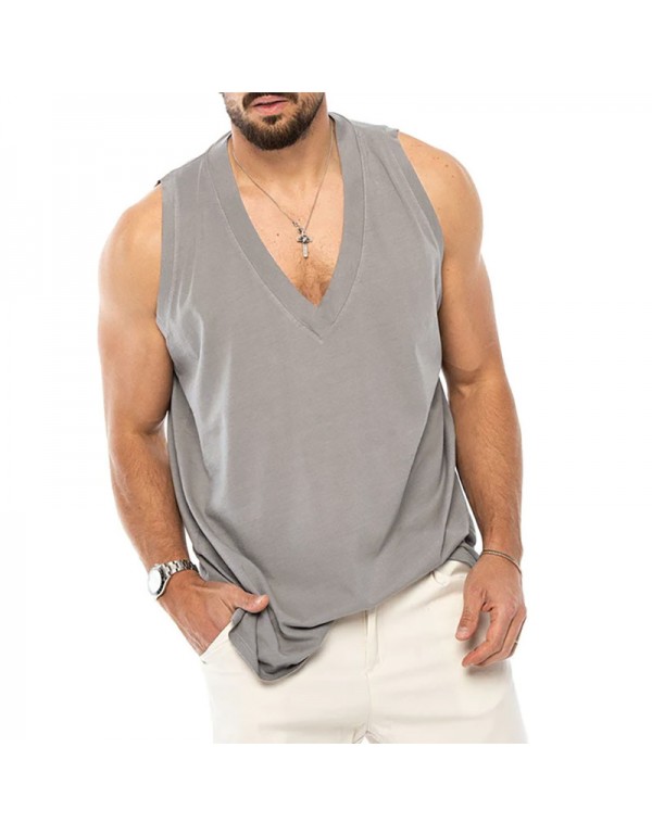 Men Summer Cotton Solid Color Sleeveless Casual Sports Loose Tank Top