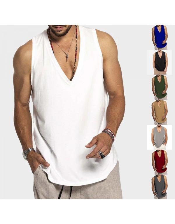 Men Summer Cotton Solid Color Sleeveless Casual Sports Loose Tank Top