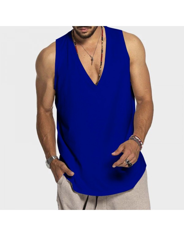 Men Summer Cotton Solid Color Sleeveless Casual Sports Loose Tank Top