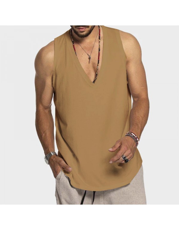 Men Summer Cotton Solid Color Sleeveless Casual Sports Loose Tank Top