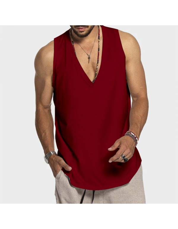 Men Summer Cotton Solid Color Sleeveless Casual Sports Loose Tank Top