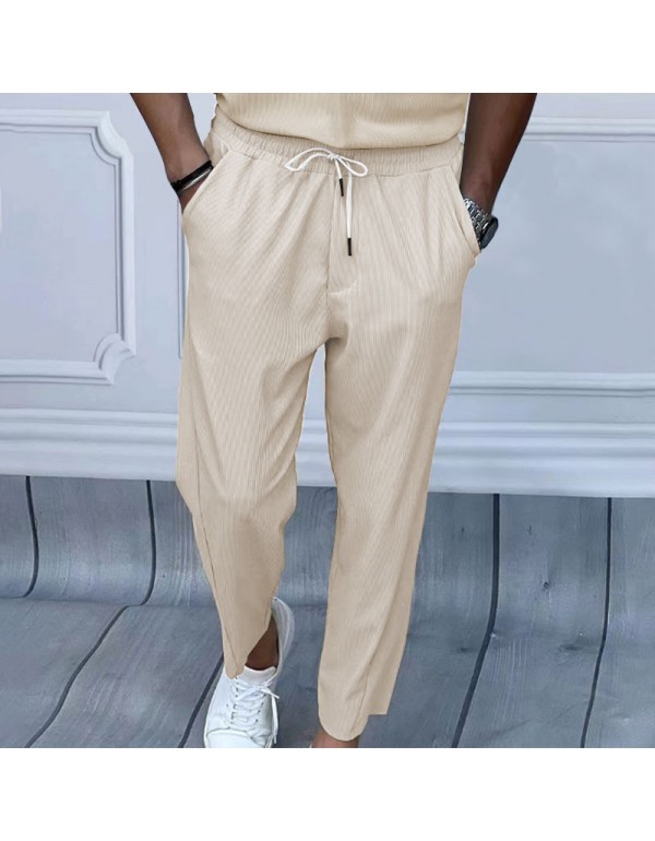 Men Fashion Casual Solid Color Corduroy Wide Leg T...