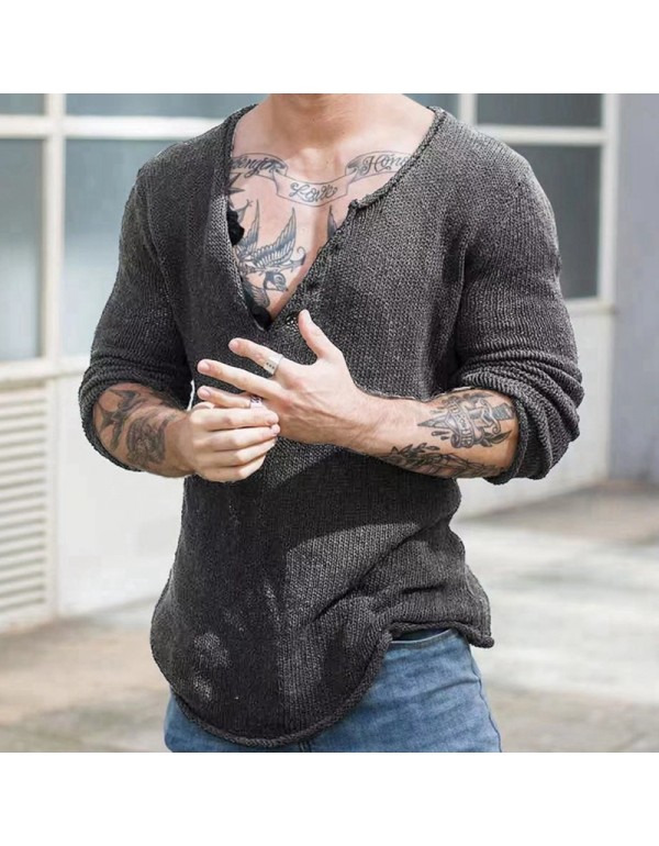 Men Fashion Casual Solid Color Long Sleeve V Neck Knitted Sweater