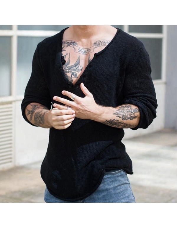 Men Fashion Casual Solid Color Long Sleeve V Neck Knitted Sweater