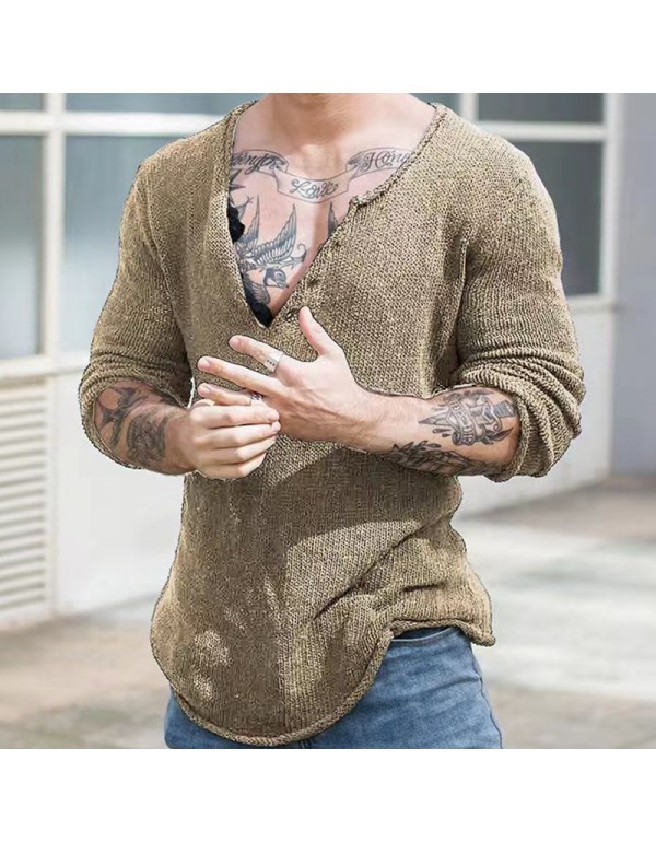 Men Fashion Casual Solid Color Long Sleeve V Neck Knitted Sweater