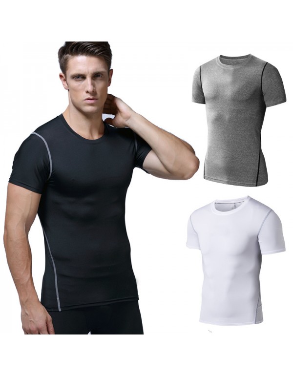 Men Casual Basic Solid Color Quick Drying Short Sleeve Round Neck Sports Tight T-Shirt